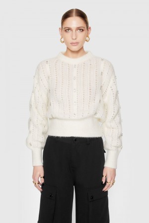 White Rebecca Minkoff Cecilia Crystal Embellished Sweater | MVYTC-8957